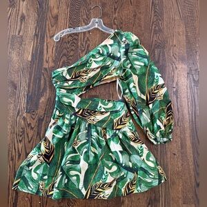 Farm Rio Tropical Green Leaf Print One-Shoulder Dress